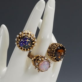 3pc Vintage Adjustable Cocktail Rings with Faux Opal and Glass Stones