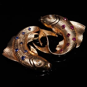 14K Gold Twin Fish Brooch with Diamonds, Sapphire, & Rubies