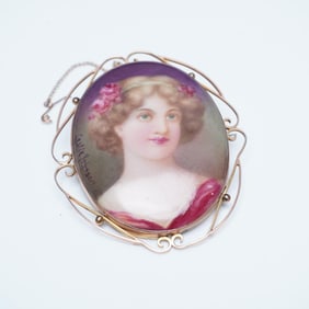9K Gold Hand-Painted Portrait Brooch by Leslie Johnson