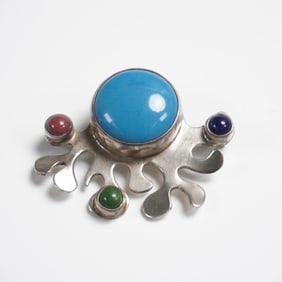 Mexican Modernist Sterling Silver Brooch by Carsi with Inlaid Cabochons