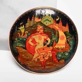 Russian Lacquer Brooch with 18K Gold Frame, Sadko