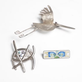 3pc Sterling and Enamel Pins Including Fish Motif and Modernist Designs
