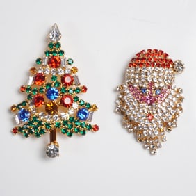 2pc Christmas Rhinestone Pins, Santa and Tree, Signed OTC