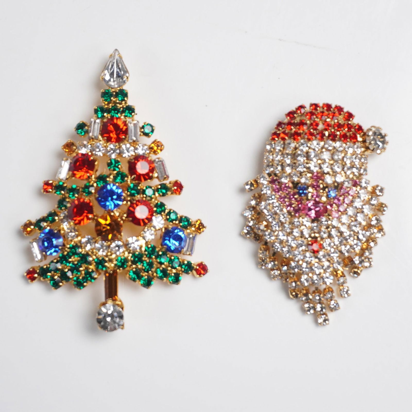 2pc Christmas Rhinestone Pins, Santa and Tree, Signed OTC (1 of 4)
