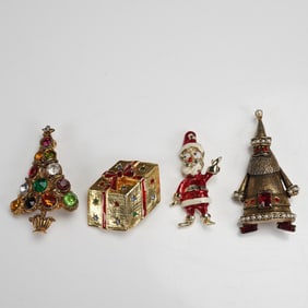 4pc Vintage Christmas Brooch Lot, Santa and Tree Designs