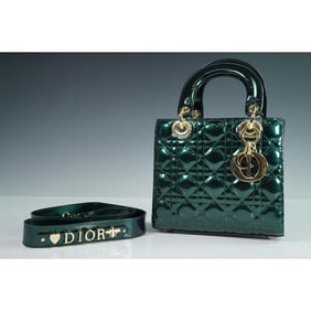 Christian Dior Green Cannage Patent Leather Lady Dior Handbag with Strap
