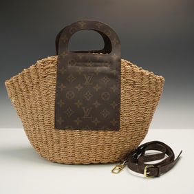 Louis Vuitton Straw Woven Leather Bag with Monogram Strap