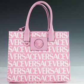 Versace La Medusa Pink Canvas Allover Logo Tote with Strap