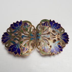 2pc Art Nouveau Enamel Brass Buckle, Floral Motif
