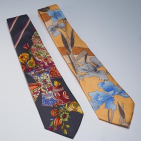 2pc Leonard Paris Silk Ties, Floral and Still Life Patterns