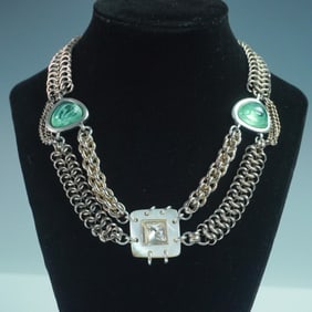 Connie Bates Abalone & Aqua Stone Bel-Air Necklace w/Layered Metal Chain