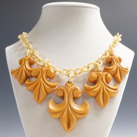 Vintage Bakelite Style Carved Fleur-de-Lis Necklace with Linked Chain