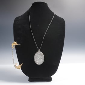 2pc Art Nouveau Sterling Silver Mirror Pendant and Marlin Double Clip Set