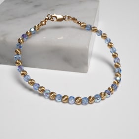 Delicate 14K Gold Plated Lobster Clasp Bracelet with Blue Crystal Beads
