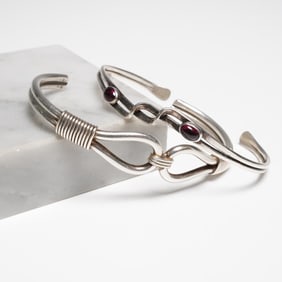 2pc Sterling and Silver-Toned Cuff Bracelet Set with Red Stones