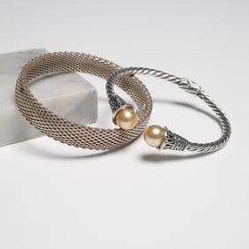 2pc Sterling Silver Bracelets, Braided Mesh and Hinged Cuff