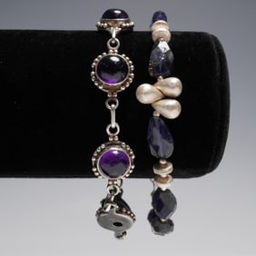2pc Purple Stone Bracelets, One Marked 925