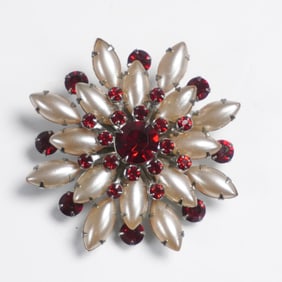 Vintage Faux Pearl and Red Rhinestone Brooch, 2.25"Dia