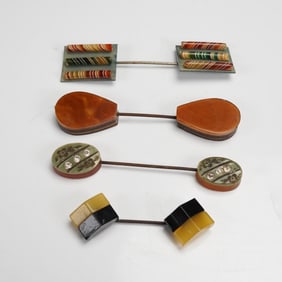 4pc Art Deco Jabot Pin Set, Geometric and Floral Designs