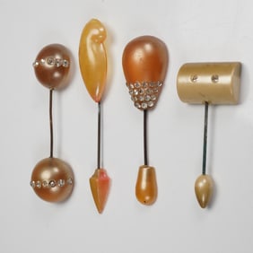 4pc Vintage Rhinestone and Bakelite Jabot Pin Assortment