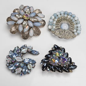 4pc Vintage Rhinestone Brooch Lot, Weiss and Regency