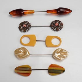 5pc Mid-Century Art Deco Jabot and Clip Pin Set, Mixed Materials