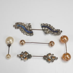 5pc Vintage Faux Pearl and Rhinestone Jabot Stick Pin Set