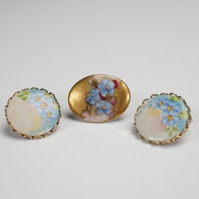 3pc Vintage Hand Painted Porcelain Earrings and Decorative Stud