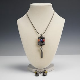 Egyptian Revival Style Scarab Necklace & Screwback Earrings Set