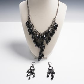 2pc Black Beaded Costume Jewelry Set with Necklace and Earrings