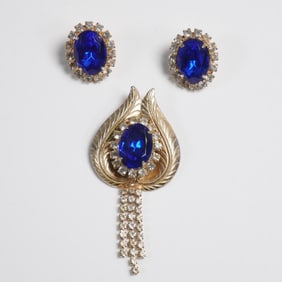 2pc Blue Rhinestone Costume Jewelry Set, Pendant and Earrings