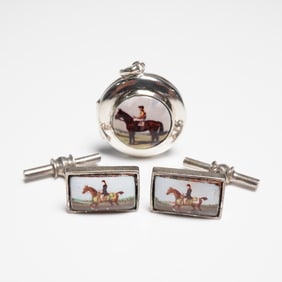 3pc Sterling Silver & Enamel Cufflinks and Locket