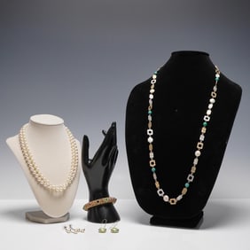 6pc Group of Fashion Jewelry - Pearl Necklaces, Gem-Set Bangle & Earrings