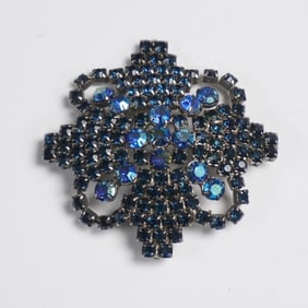 Round Blue Rhinestone Costume Brooch in Silver Tone