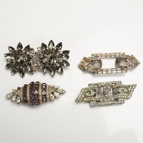 4pc Vintage Art Deco Rhinestone Brooch Lot with Clip Converters