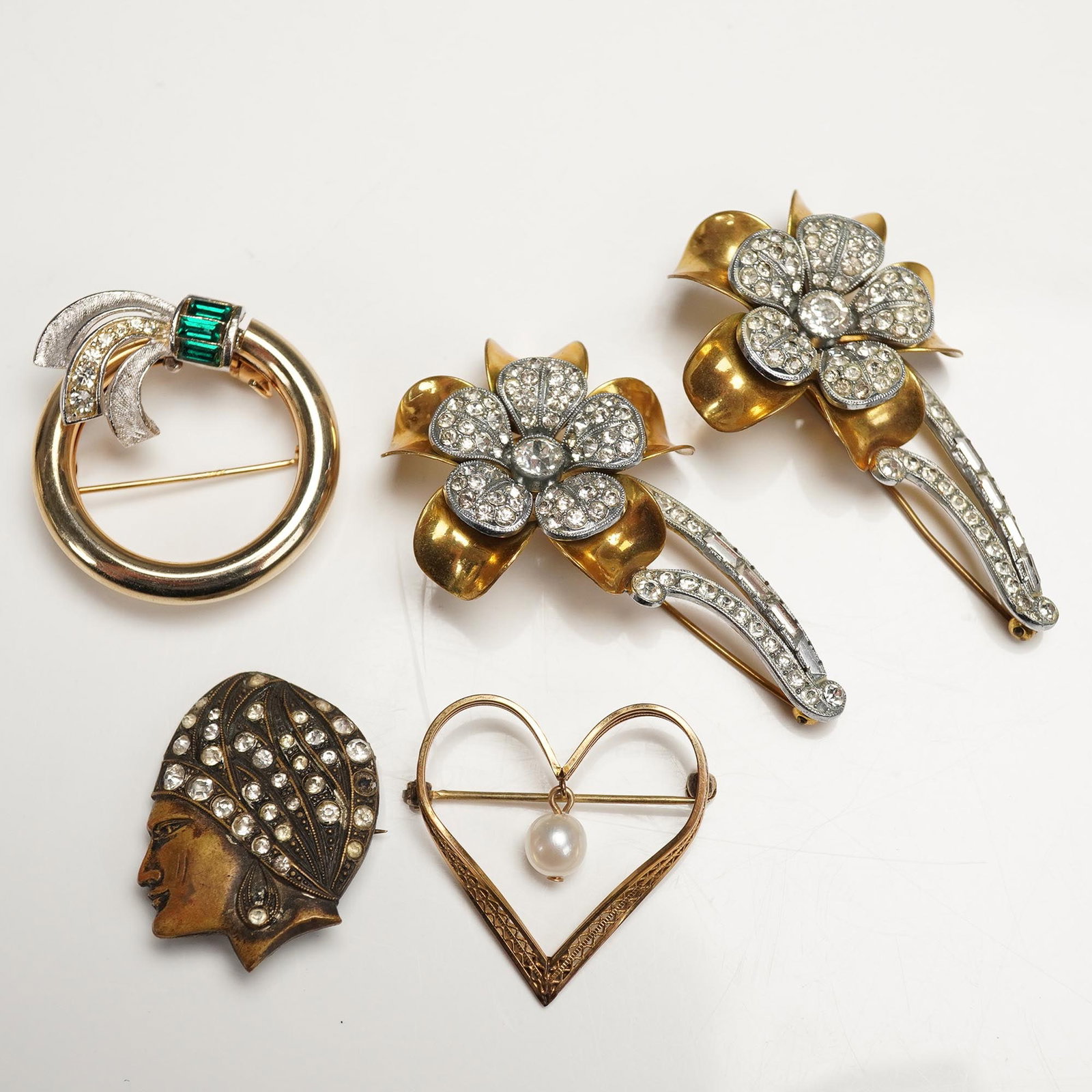 5pc Vintage Brooch Lot, Czechoslovakia and 12K Gold-Filled Heart (1 of 3)
