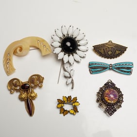7pc Vintage Statement Brooch Lot, Enamel and Rhinestones