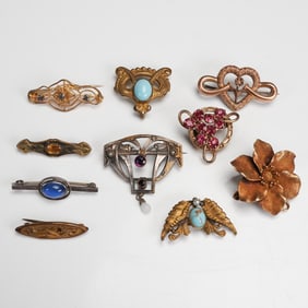 10pc Art Nouveau and Mid-Century Brooch Collection