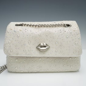 Betsey Johnson White Beaded Crossbody Bag with Lips Clasp