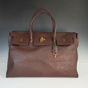 Brown Ostrich Leather Handbag with Gold-Tone Lock and Key