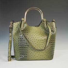 Green Embossed Faux Ostrich and Crocodile Tote Bag with Pouch