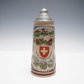 Original King Swiss Landmark Ceramic Stein with Pewter Lid