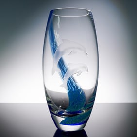 Lenox Barrel Vase, Dolphins and Blue Swirl