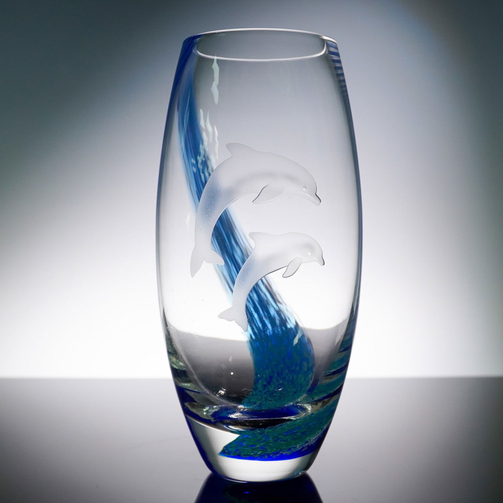 Lenox Barrel Vase, Dolphins and Blue Swirl