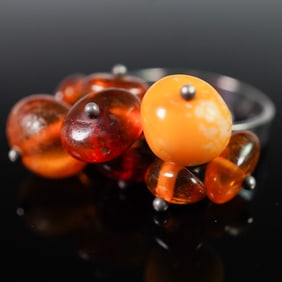 Sterling Silver Ring with Amber Bead Cluster