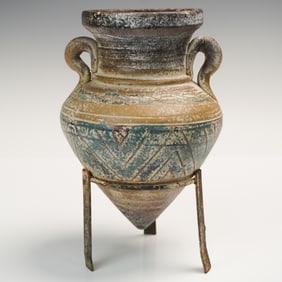 Painted Ceramic Amphora with Iron Tripod Stand