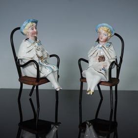 Pair of Bisque Nodders with Wooden Chairs