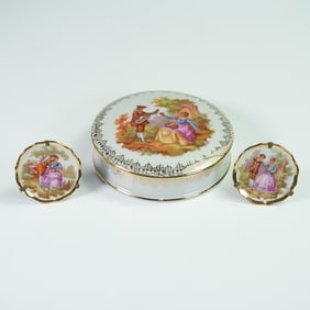 Limoges France Porcelain Box and Miniature Plates, Courting Scene