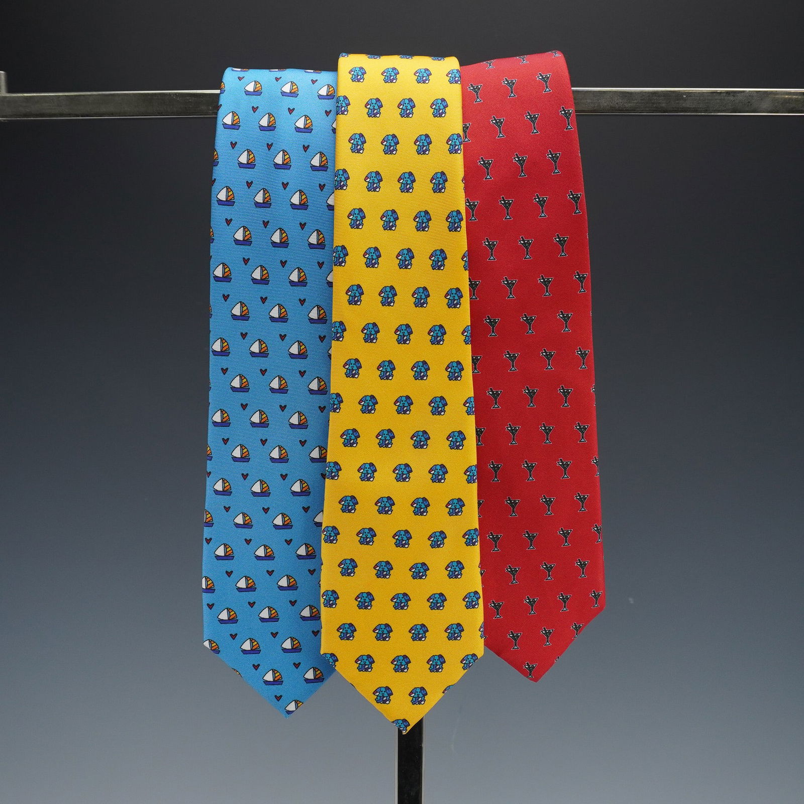 3pc Britto 100% Silk Neckties, Sailboat, Elephant & Martini Glass Motifs (1 of 2)