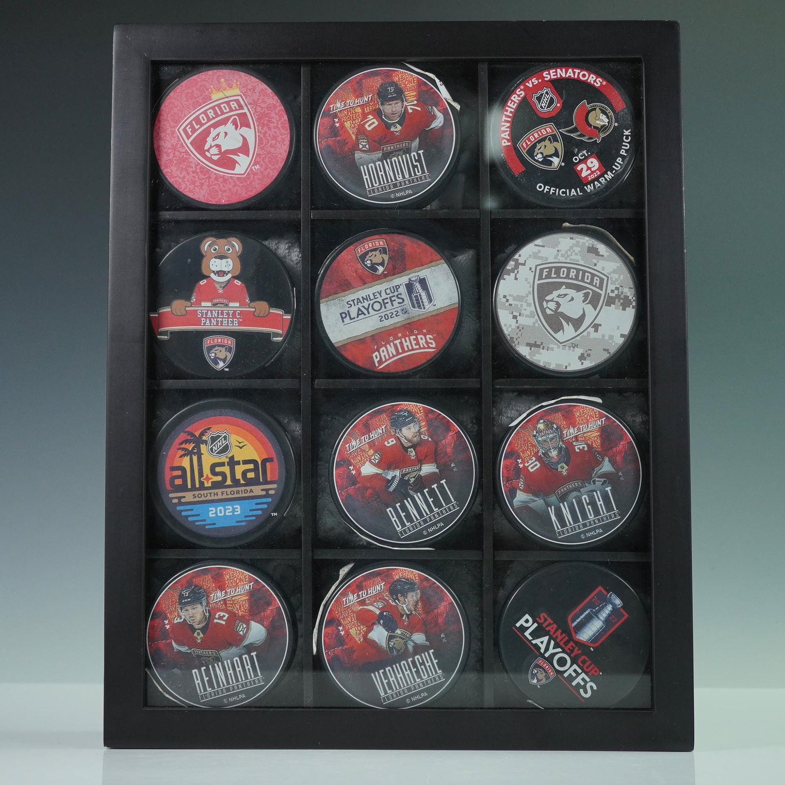 12pc Florida Panthers NHL Hockey Puck Collection in Display Case